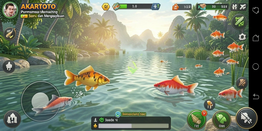 Gameplay AKARTOTO menunjukkan momen seru saat menangkap ikan.