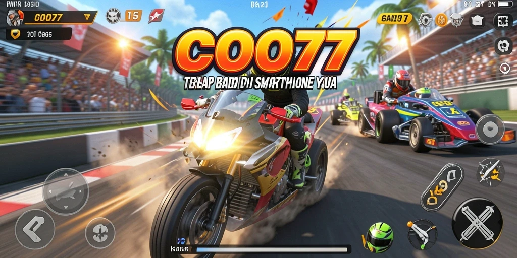 Screenshot utama COO77 menampilkan aksi balap yang mendebarkan.