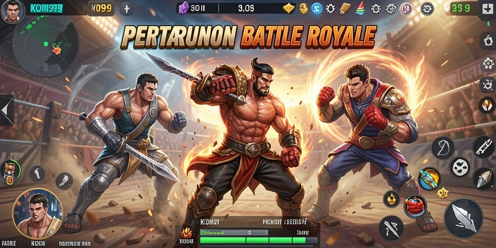 Screenshot gameplay KOIN99 dengan aksi Battle Royale yang mendebarkan.