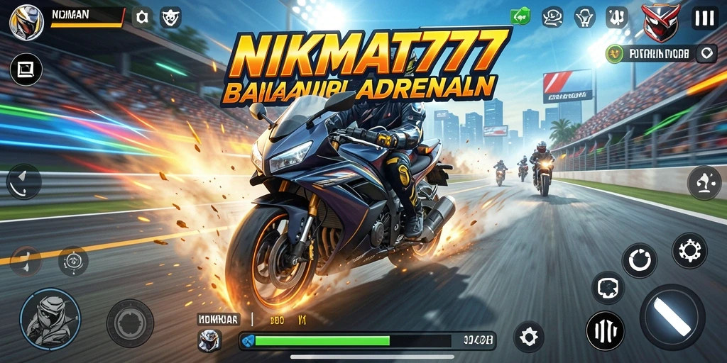 Screenshot gameplay NIKMAT777 menampilkan balapan motor yang seru dan mendebarkan.
