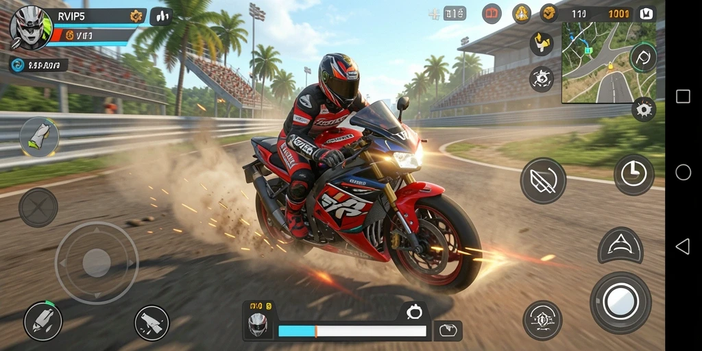 Screenshot RVIP5 menampilkan aksi balapan motor yang seru dan menegangkan.