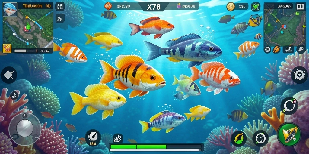 Screenshot gameplay X78 dengan aksi menembak ikan.